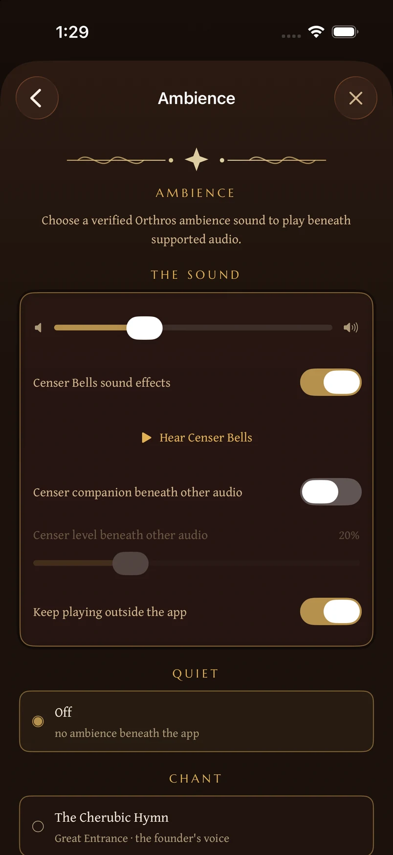 Ambiance controls for volume, censer bells, companion sound, and playback outside the app. Sound choices are optional.