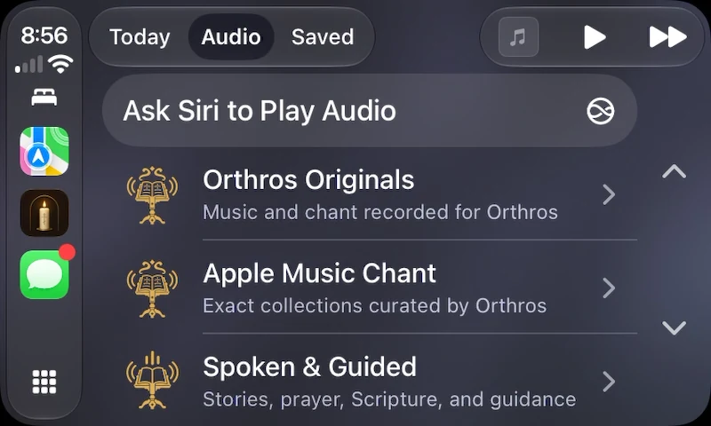 Audio in CarPlay, with Orthros Originals, Apple Music Chant, and Spoken & Guided destinations. Availability depends on the recording and connected service.