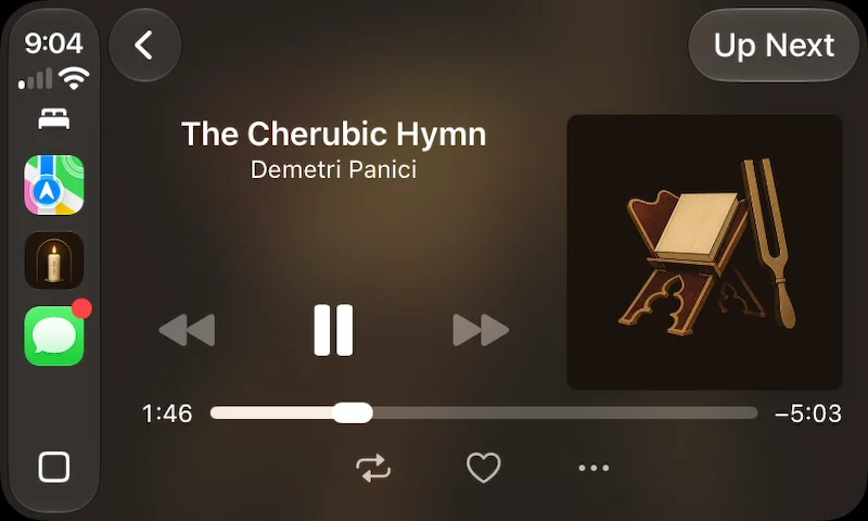 The Cherubic Hymn playing in CarPlay, with its artwork, elapsed time, pause control, and Up Next. Shown from the installed iPhone app, build 93.