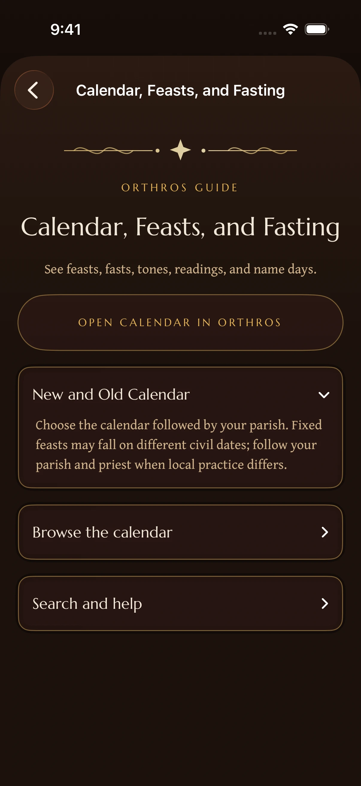 Calendar Help in Orthros, with the New and Old Calendar guidance expanded and links to browse or search the calendar.