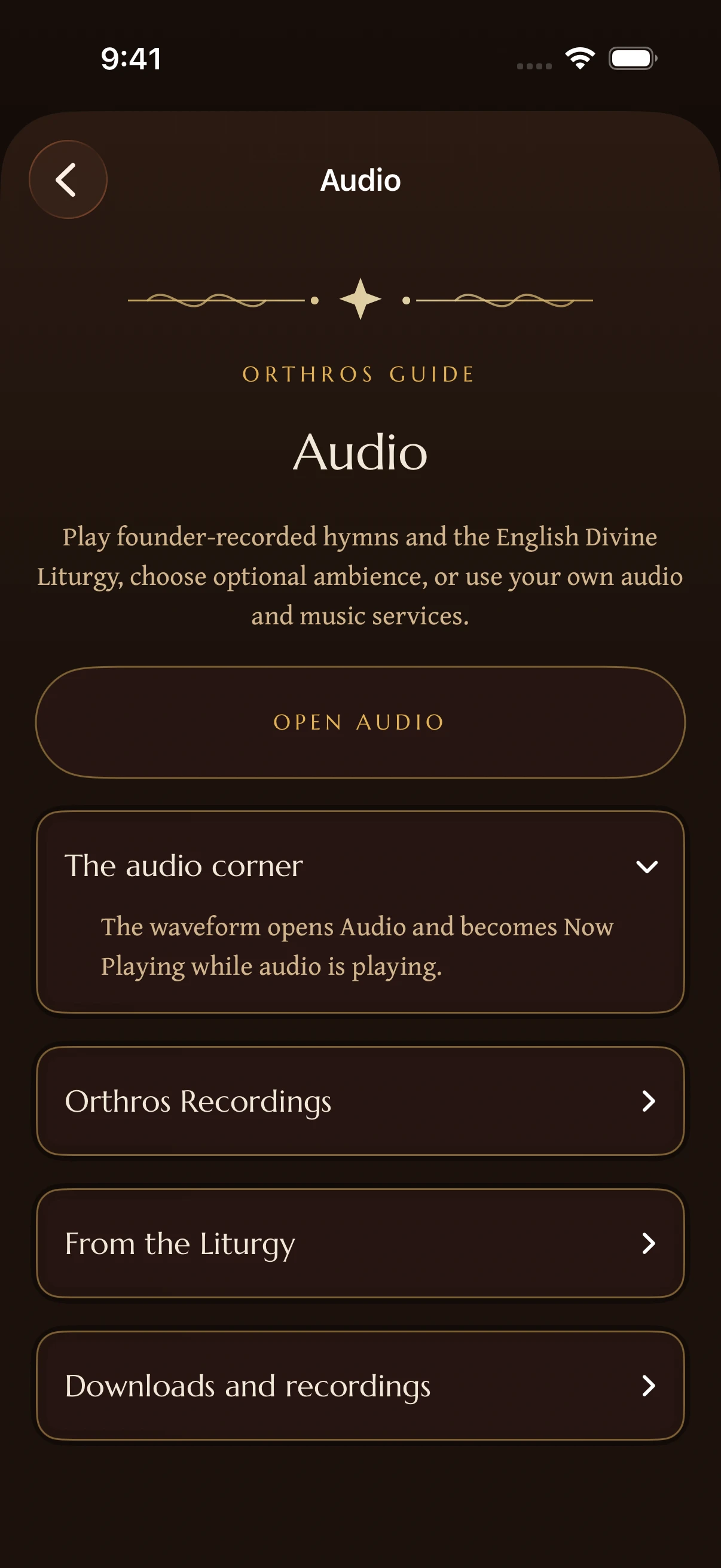 Audio Help in Orthros, with The audio corner expanded and links to From the Liturgy, downloads, and recordings.