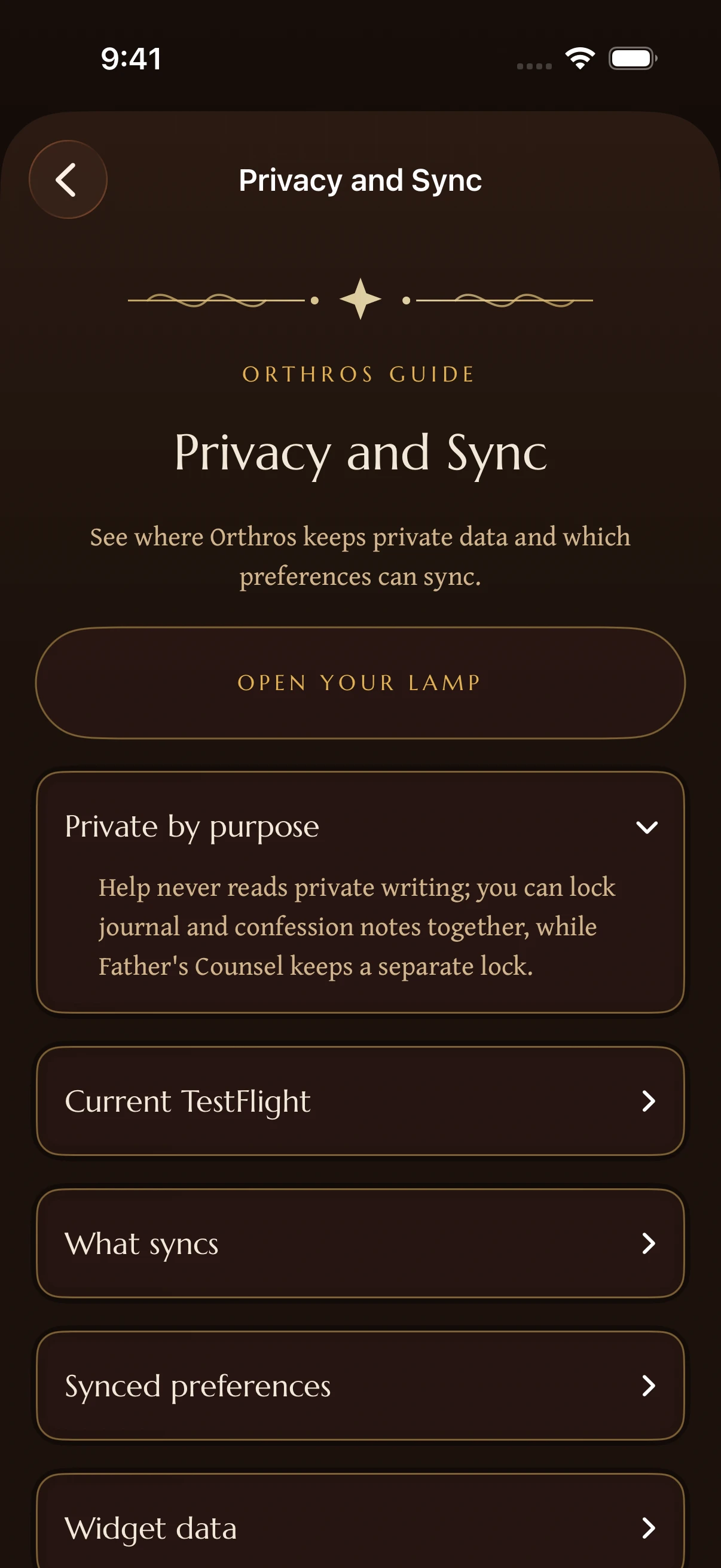 Privacy and Sync Help in Orthros, with Private by purpose expanded and links to TestFlight behavior and synced preferences.