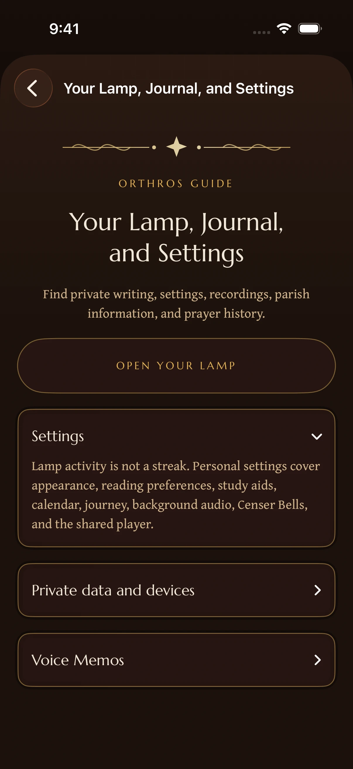 Your Lamp Help in Orthros, with Settings expanded and links to private data, devices, and Voice Memos.