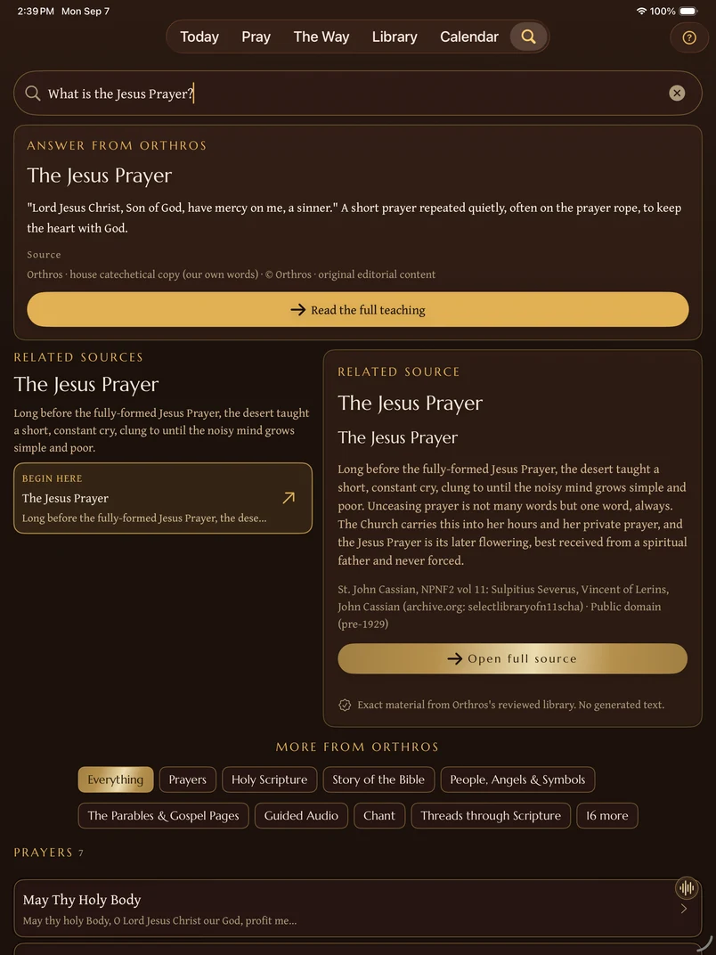 Native Search for What is the Jesus Prayer? on iPad, with the sourced Orthros answer, related source preview, and result filters.