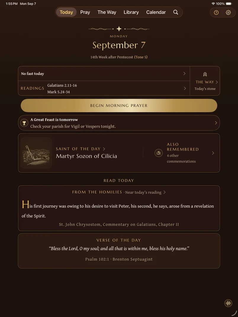 Today on iPad, September 7, 2026, with the standing navigation, Search, Help and Settings, and Begin Morning Prayer.