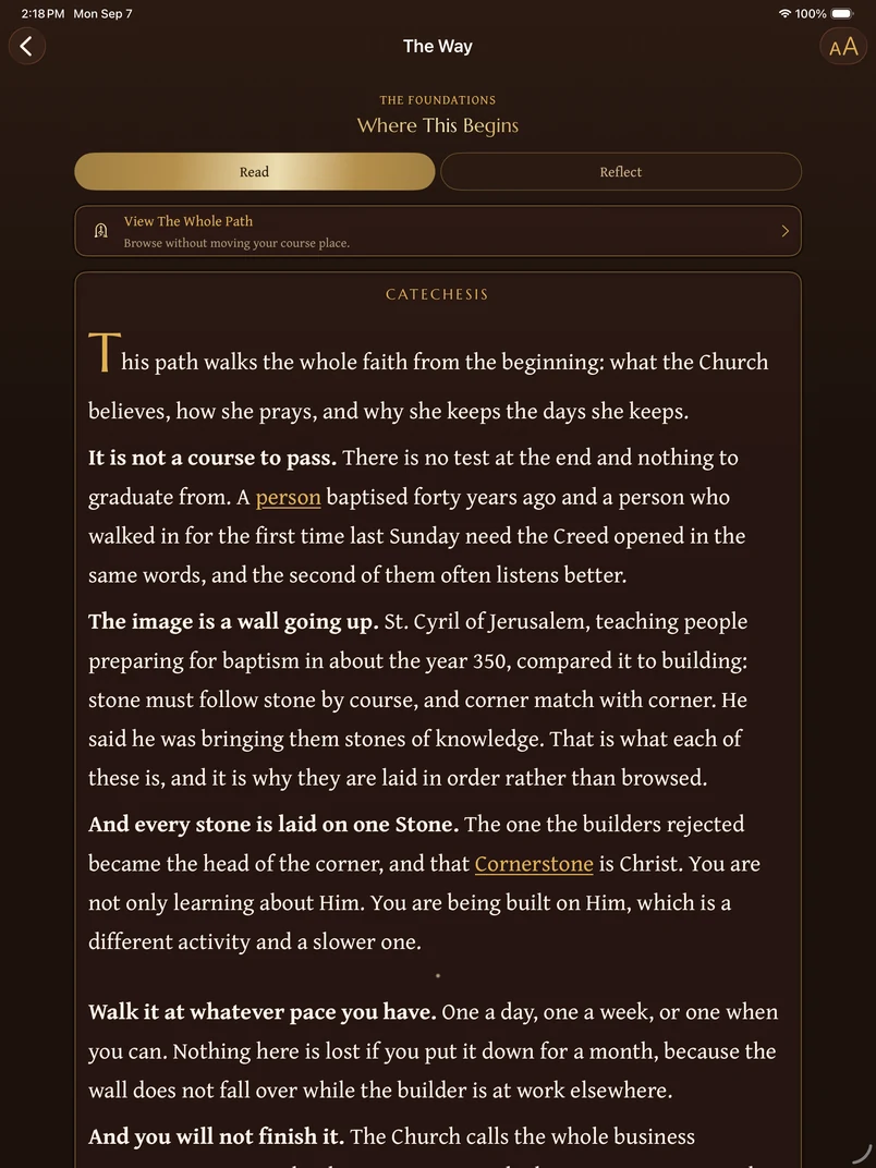 Where This Begins, the first Foundations stone, with Read, Reflect, and View the Whole Path controls.