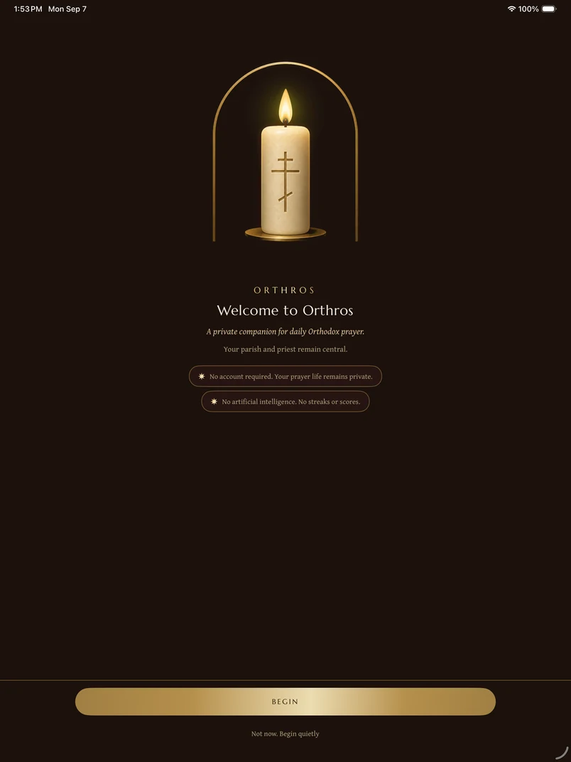 The first launch on iPad, with Begin and Not now, Begin quietly. No account sign-in was performed.