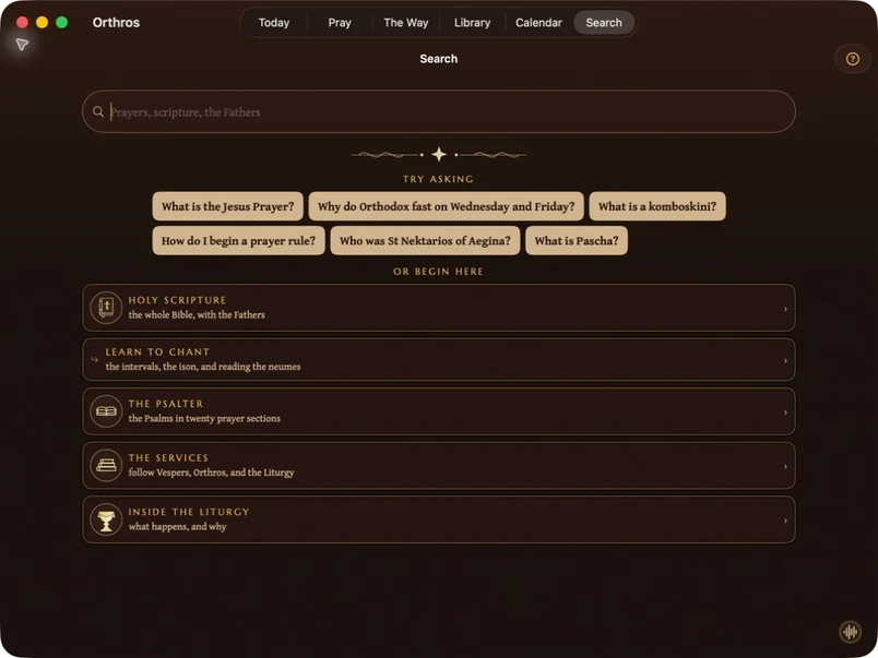 Search on Mac, with all six navigation tabs, example questions, and library destinations. Open Search with ⌘K. Local Catalyst build 93.