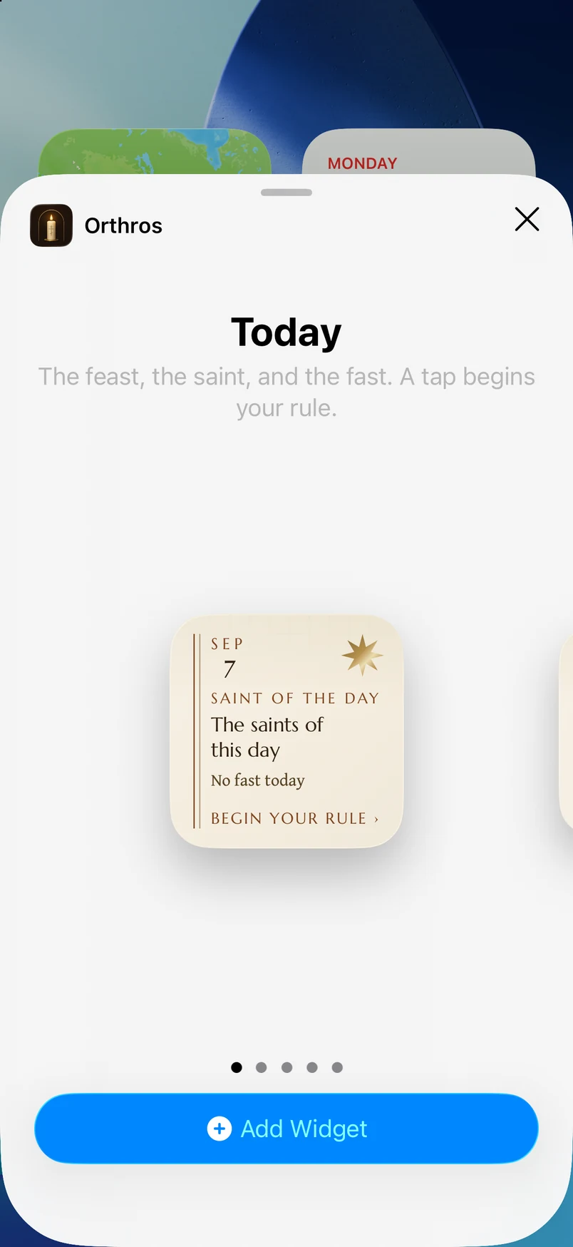 The iPhone widget gallery for Orthros, showing the Today preview and Add Widget. This is the setup preview, not a populated Home Screen widget.